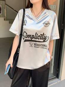 DAZY Conjunto de 2 piezas de top de manga corta y pantalones con estampado de letras para mujeres