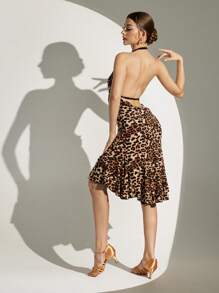 Dansine High-Elastic Leopard Sleeveless Print Backless Mid-Length Latin Dance Dress For Women