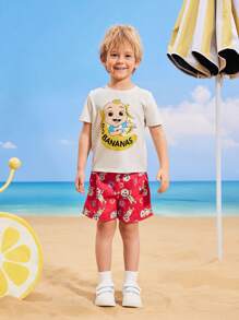 CoComelon X SHEIN Young Boy Banana Print White Simple Casual Versatile Short Sleeve T-Shirt - White - View 5