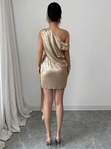 Elenzga Women Asymmetric Neck Ruched Metal-Tone Dress - Gold - View 2