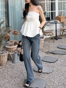 DAZY 女式纯色修身无袖抹胸衬衫（白色）、节日花朵度假海滩、春夏季、荷叶边娃娃上衣外出上衣 - 白色 - 查看 8