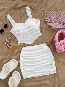Soleia 2pcs/Set Sexy Sweetheart Neck Sleeveless Crop Top And Skirt, Date & Valentine's Day Outfit