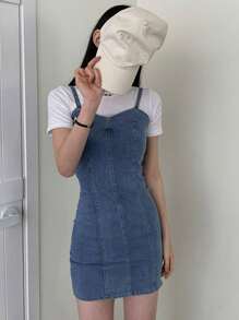 DAZY Women's Stretchy Denim Mini Wrap Dress, Spring/Summer Sundress - Dark Wash - View 7