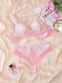 2 Stücke/Set Damen bestickter Blumen Rüschen Rüschen Pastorale romantische Patchwork Spitze Tüll Bügel-BH und Slip Wäsche Set