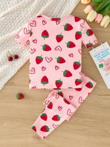 SHEIN Bộ 2 món/Bộ áo thun tay ngắn cổ tròn in họa tiết dâu tây và quần legging in họa tiết cho bé gái - Hồng - Xem 2
