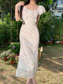 DAZY 女士短袖方领夏季情人节印花亮面韩版甜美中长连衣裙，荷叶边度假装扮，复活节女装 - 彩色 - 查看 4