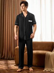Shein Underwear&Sleepwear Basics Men Colorblock Trim Short Sleeve & Long Pants Pajama Set, Casual Loungewear