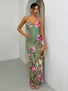 SHEIN BAE 夏季海滩度假优雅花卉图案印花荷叶边性感露背长裙，适合日常约会、夜间外出、夜总会、派对、聚会、鸡尾酒会、泳池派对、节日礼服 - 彩色 - 查看 5