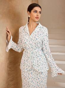 Graceveil 2pcs Women Floral Print Flare Sleeve Top And Long Fishtail Skirt Set