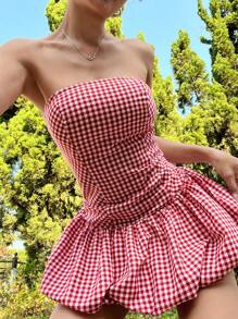 SHEIN EZwear 夏日假日格子抹胸荷叶边迷你连衣裙 - 紅白色 - 查看 6