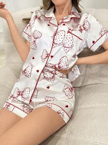 Conjunto de pijama de camisa y shorts para mujer con estampado de lazo de nudo y cuello postizo de color contrastante