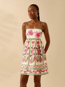 CAJUNI 女士波西米亚风热带花卉印花无袖露背系带前短款连衣裙，休闲夏日海滩度假 - 彩色 - 查看 1