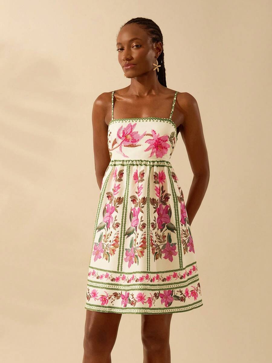 CAJUNI 女士波西米亚风热带花卉印花无袖露背系带前短款连衣裙，休闲夏日海滩度假 - 彩色 - 查看 1