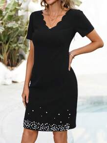 EMERY ROSE 女士珍珠装饰弧形下摆 V 领短袖休闲迷你连衣裙 - 黑色 - 查看 2