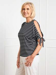 SHEIN LUNE Women's Striped Open Shoulder Loose Casual T-Shirt - Black and White - View 5