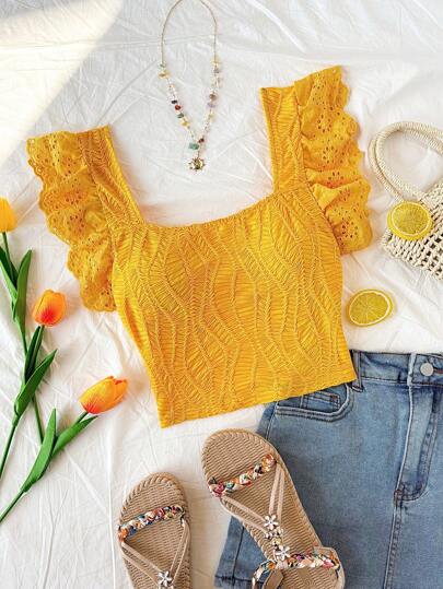 Soleia 春夏女款 U 领盖袖纹理面料 T 恤，带刺绣拼布，适合度假、音乐节、波西米亚风、节日、约会、情人节下午茶