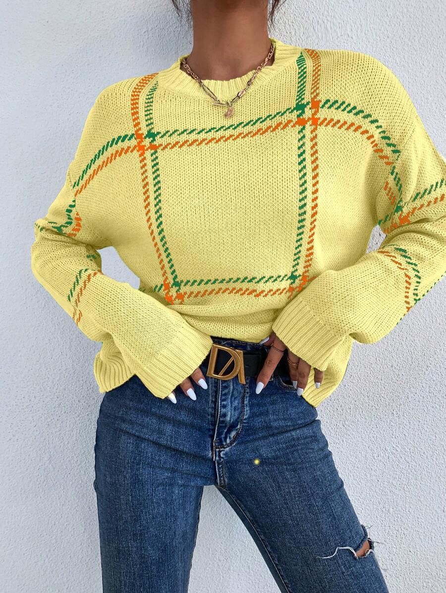 SHEIN LUNE Áo len dệt kim dáng rộng hở vai kẻ sọc thường ngày, áo chui đầu dệt kim thu/đông - Màu vàng - Xem 1