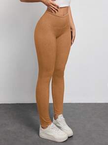 SHEIN Essnce Women's High Waist Skinny Stretchy Knit Casual Versatile Jeans - Orange - View 8