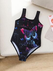 Girls' One-Piece Butterfly Swimsuit, Black With Colorful Print, Summer Beachwear - Multicolor - View 3