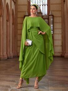 Al Najma Women's Solid Color Round Neck Batwing Sleeve Waist Tie Dress, Arabian Dresses