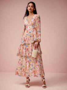 Enchnt Women's Cream Floral Print V-Neck Balloon Sleeves Flowy Long Dresses,Elegant Autumn Wedding Guest Sun Dress For Valentine's Day,Holiday&Garden Party - Orange - View 1