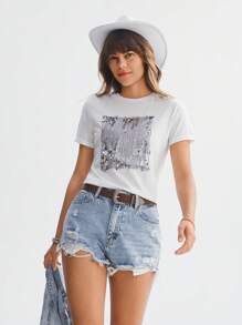 SHEIN LUNE 节日必备亮片女士圆领短袖休闲 T 恤 - 白色 - 查看 5