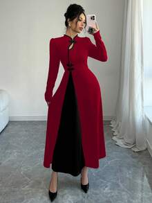 Rafferiza 女士复古泡泡袖优雅黑白拼布纽扣连衣裙长款女装 - 紅色 - 查看 3