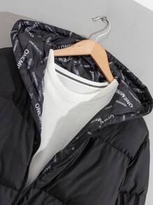 RueChic Men Allover Printed Lining Regular Hooded Padded Coat - Black - View 3