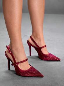 CUCCOO SZL Tacones de aguja con correa de tobillo y brillos completos de color rojo vino, de tacón alto y puntera puntiaguda, para fiesta y uso sexy para mujeres