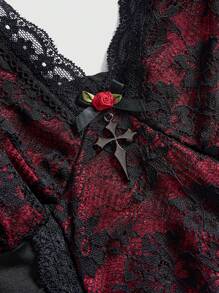 ROMWE Hippie Y2K 哥特蕾丝拼布玫瑰花朵装饰连衣裙，适合婚礼和新年，女士