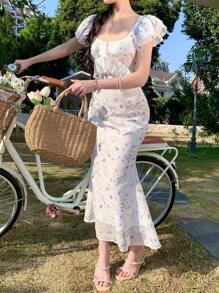 DAZY 女士短袖方领夏季情人节印花亮面韩版甜美中长连衣裙，荷叶边度假装扮，复活节女装 - 彩色 - 查看 1
