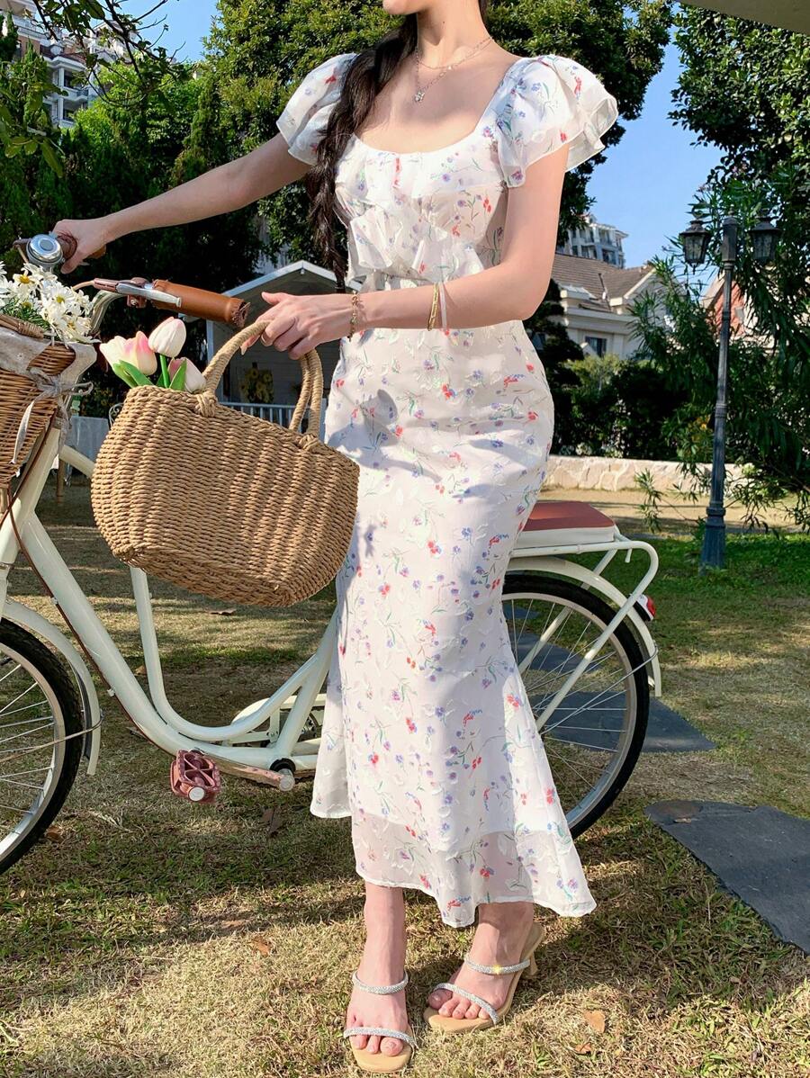 DAZY 女士短袖方领夏季情人节印花亮面韩版甜美中长连衣裙，荷叶边度假装扮，复活节女装 - 彩色 - 查看 1
