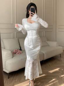 DAZY 2pcs Women Set: Lace Collar Blouse And Fishtail Skirt,Fall Women Clothes Lounge Sets For Women - Beige - View 5