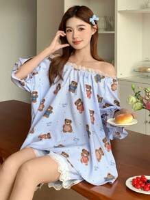 DAZY 女士条纹熊图案印花蕾丝拼布泡泡袖短裤睡衣套装 - 藍色 - 查看 3