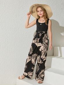 SHEIN 青少年女孩街头时尚针织和编织拼布印花连体裤 - 黑色 - 查看 3