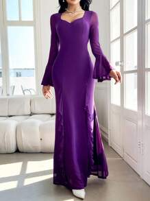 Modelyn Vestido lila de mujer elegante con mangas acampanadas y volantes en el bajo