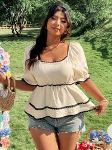 SHEIN LUNE Plus Size Women Contrast Color Tie-Waist Ruffle Hem Short Sleeve Casual Blouse, Slimming - Apricot - View 4