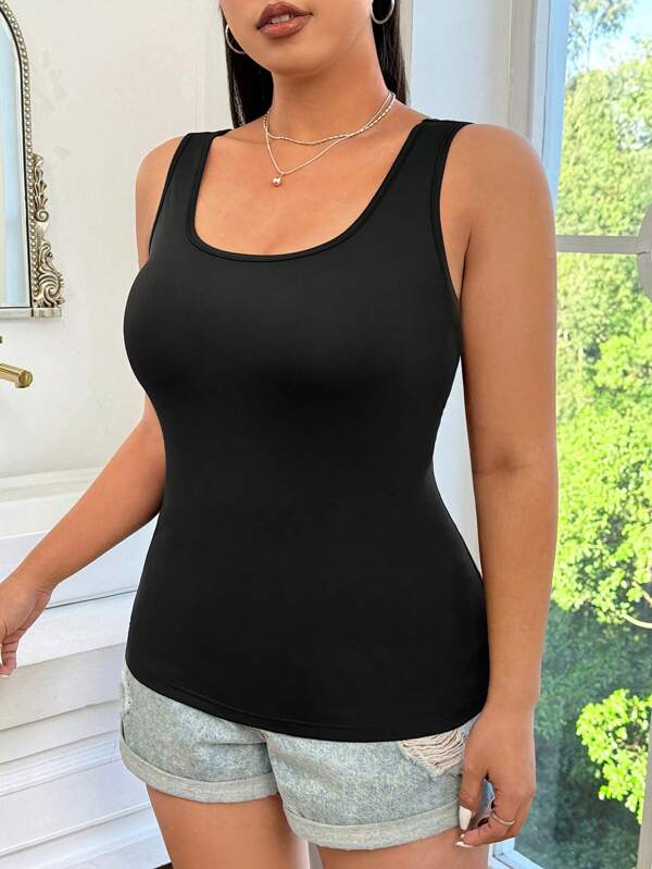 SHEIN EZwear Camiseta de tirantes negra ajustada, versátil y casual de talla grande