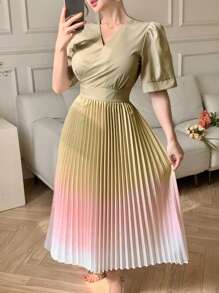 DAZY V-Neck Ombre Ruffle Waist Midi Dress For Women - Yellow - View 1