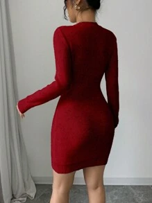 SHEIN ChicEase 2024 Autumn/Winter Fashion Elegant V-Neck Bow Design Fitted Sweet Knit Midi Dress - Burgundy - View 2