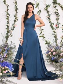 Coutiva Váy phù dâu một bên vai màu trơn thanh lịch (người lớn), trang phục lễ hội - Màu xanh lam - Xem 3