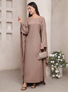 Veilorie 女士纯色落肩长袖宽松休闲连衣裙 - 卡其色 - 查看 5