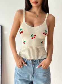 Lunelith SHEIN Lunessa Top sin mangas de punto en color albaricoque con bordado de cerezas hueco y cuello en V, de estilo minimalista y elegante, para verano