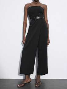 Maija 女士纯色阔腿休闲连体裤 - 黑色 - 查看 2