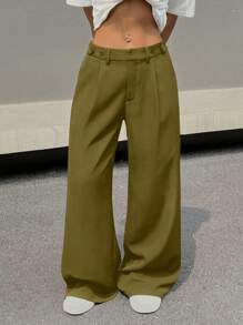 SHEIN EZwear Quần ống rộng cạp trễ màu trơn đơn giản dành cho nữ - xanh quân đội - Xem 5