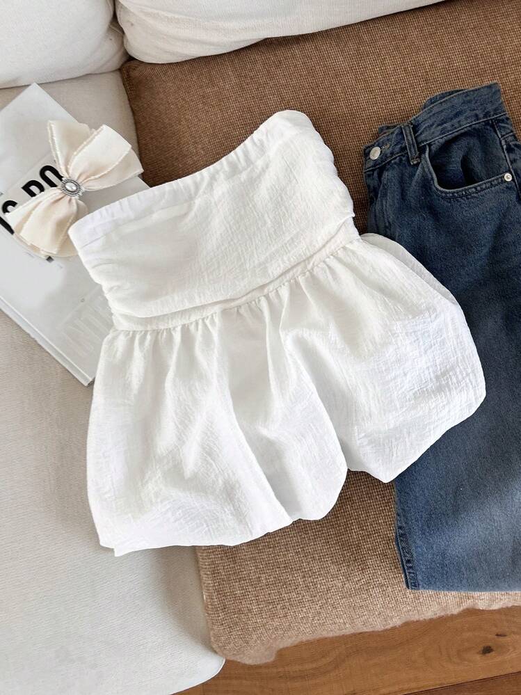 DAZY 女式纯色修身无袖抹胸衬衫（白色）、节日花朵度假海滩、春夏季、荷叶边娃娃上衣外出上衣 - 白色 - 查看 7