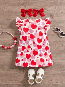 SHEIN Baby Girl Summer Cute Casual Knit Stretch Heart Print Cap Sleeve Dress