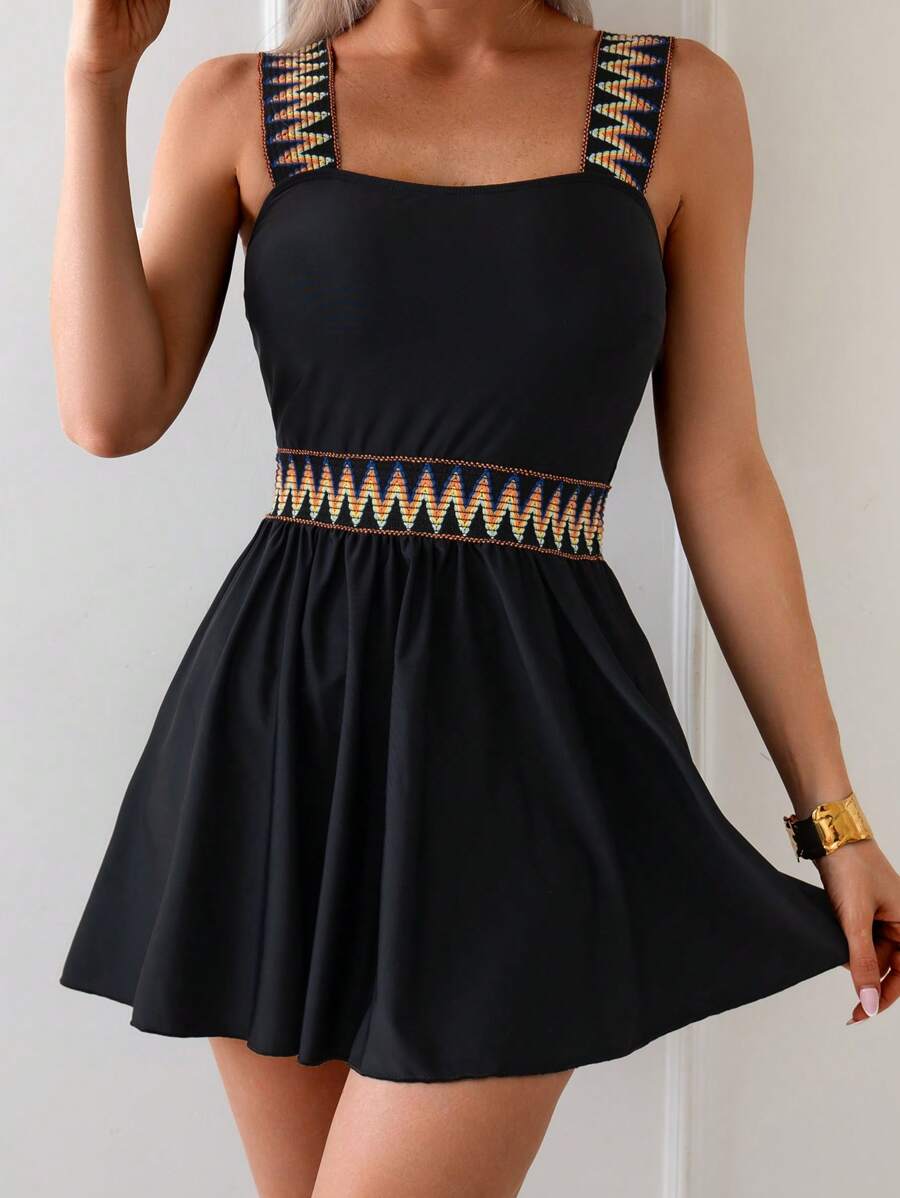 Swim Lushoire Women's Black Decorative Ribbon Summer Beach Vacation Full Outfit, Elegant A-Line Swim Dress & Bottom - Black - View 1