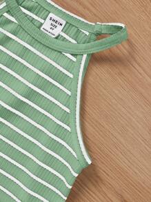 Young Girl 3 Pieces Set: Knit Striped Crew Neck Sleeveless Form-Fitting Casual Tank Top - Black - View 6