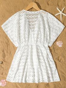 SHEIN Tween Girl' Cover Up, This Dress Style Hollow Cover Up Is Made Of High Quality Textured Solid White Fabric With A Simple And Fashionable Design. The Cinched Waist Design Highlights The Figure, Paired With Swimwear It Looks Very Exquisite. Suitable For The Personalized Needs Of Different Girls. The Ruffle Detail Makes The Swimsuit Look More Soft And Feminine. Very Suitable To Wear At The Swimming Pool Or Beach Resort, Adding Highlights To Your 2025 Travel.